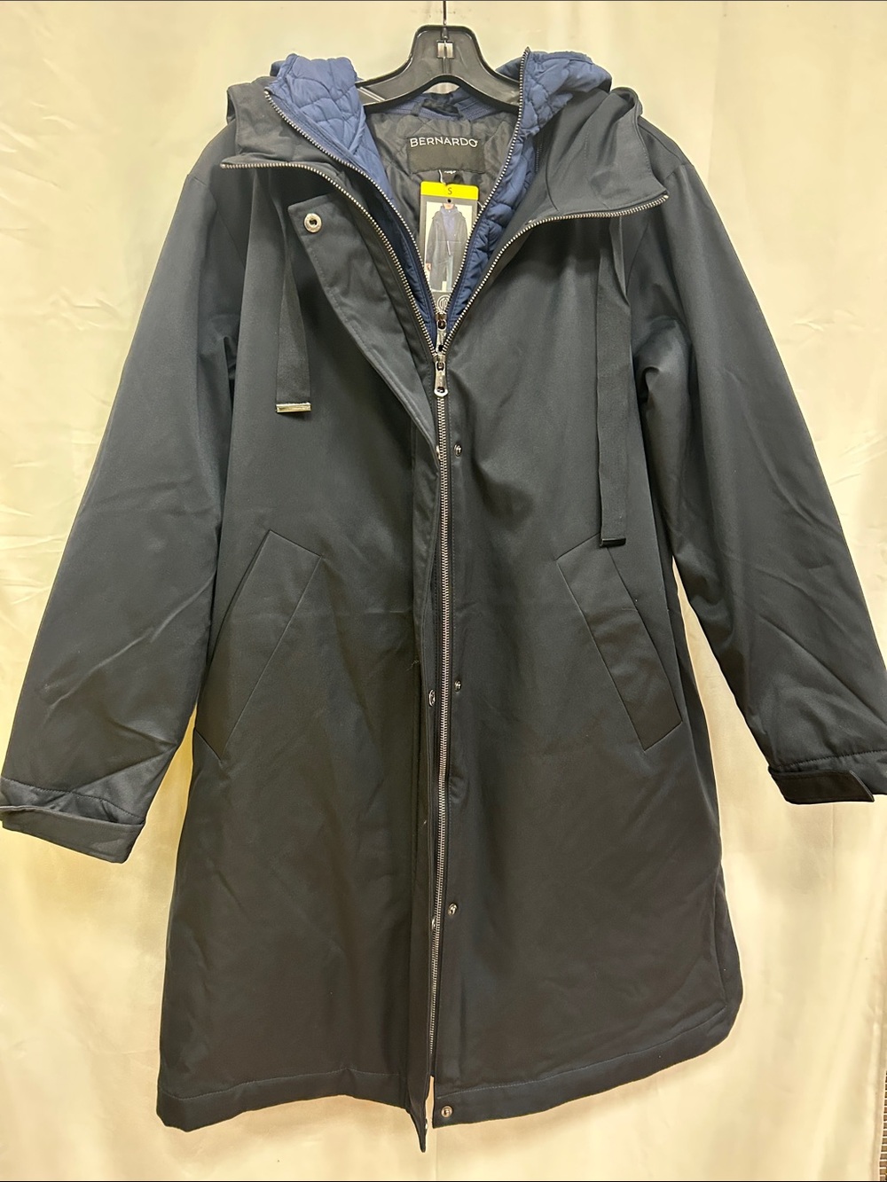 Bernardo Women's Navy Hooded Long Trench Coat with Quilted Lining